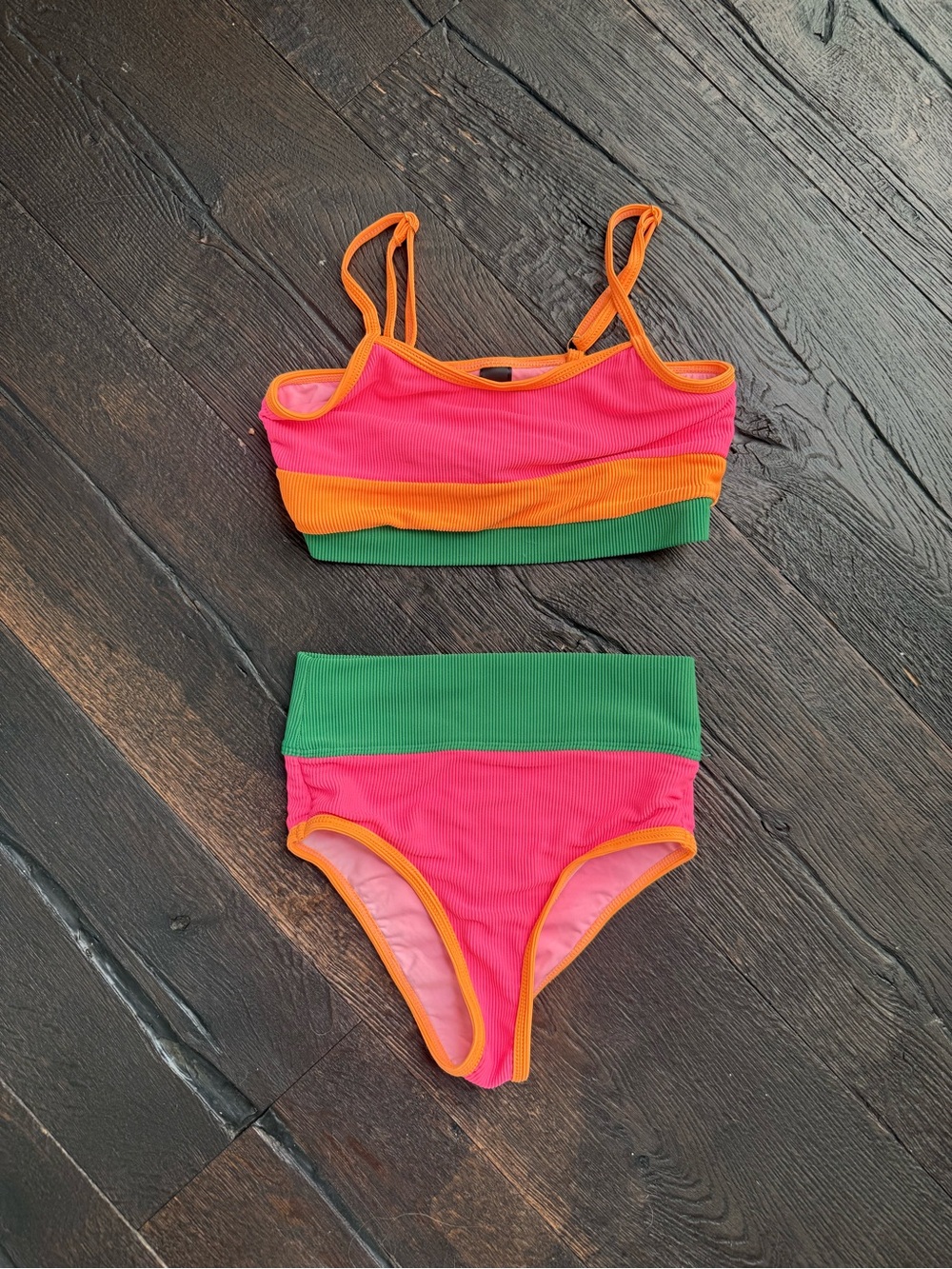 Beach Riot Pink, Orange & Green Colorblock Kids Bikini size 9/10